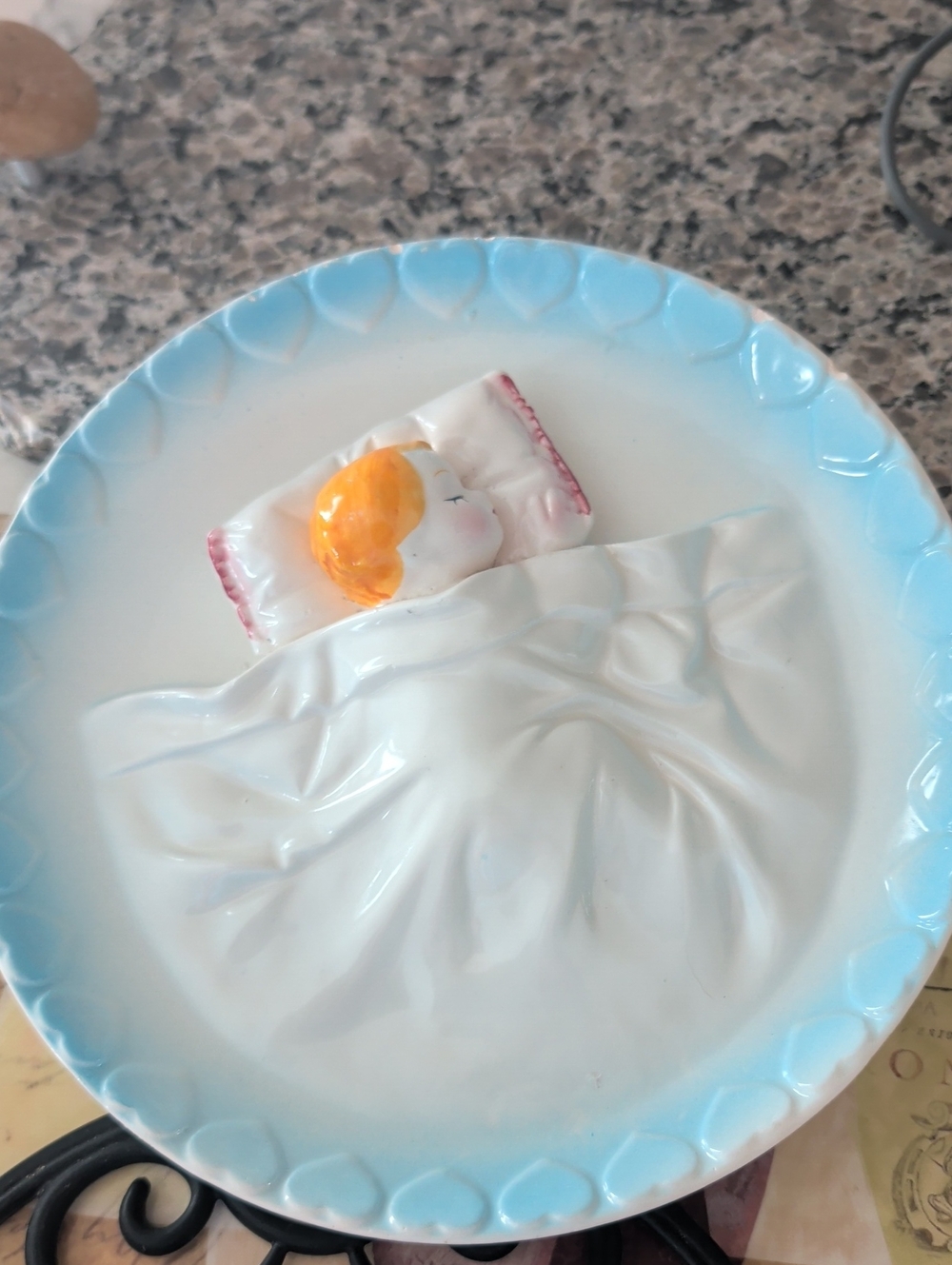 Vintage Sleeping Child Ceramic Wall Plate - Blue & White